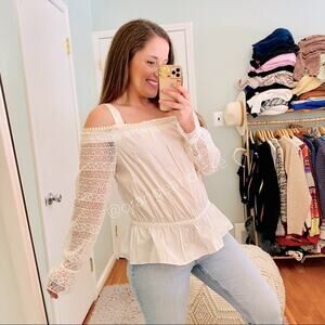 RAMY BROOK New York White Long Sleeve Lace Open Shoulder Cotton Poplin Blouse M